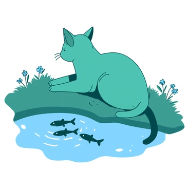 A teal cat is sitting patiently on the grassy edge of a pond, its body turned slightly towards the water. The cat's ears are perked up, attentively watching the fish swimming just below the surface. The pond reflects the shimmering blue sky above, while the cat's tail is curled neatly beside it. Small ripples spread across the water as the fish dart in and out of view, momentarily breaking the stillness of the scene. The surrounding area features a few wildflowers in the grass, adding a touch of nature to the tranquil setting.