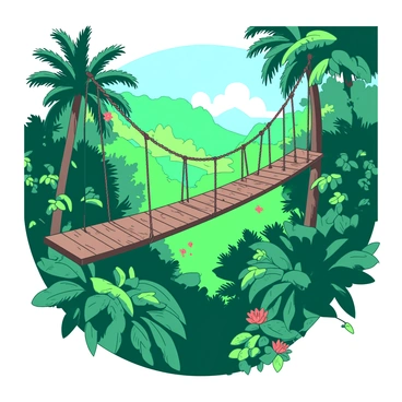 A rope bridge hanging high above a dense jungle canopy
