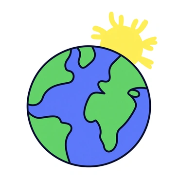 The Earth is depicted as a round globe with vibrant blue oceans and green landmasses. The continents are clearly defined, showcasing various geographical features. A bright yellow sun is positioned behind the Earth, casting a radiant light that creates a glowing halo effect around the planet. The sun is depicted with distinct rays extending outward, emphasizing the connection between the Earth and the sun. The background is minimal, allowing the focus to remain on the Earth and the sun.