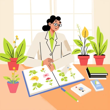 A botanist with glasses is seated at a wooden table, examining detailed illustrations of various plant species in an open notebook. The notebook has colorful drawings of leaves, flowers, and stems, showcasing the diversity of plant life. Surrounding the botanist are several potted plants, with green foliage and vibrant blooms. A magnifying glass and a few botanical reference books are placed next to the notebook on the table. Sunlight streams in from a nearby window, illuminating the scene and highlighting the intricate details of the illustrations.