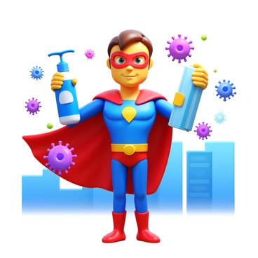 A superhero character wearing a vibrant costume, featuring a cape and a mask. The character is holding a large bottle of hand sanitizer in one hand and a pack of protective masks in the other. The superhero stands confidently, with a determined expression, as colorful representations of viruses and bacteria are visibly retreating or being pushed back by the hand sanitizer and masks. The background includes a bright, dynamic cityscape, emphasizing the heroic stance against the spread of diseases.