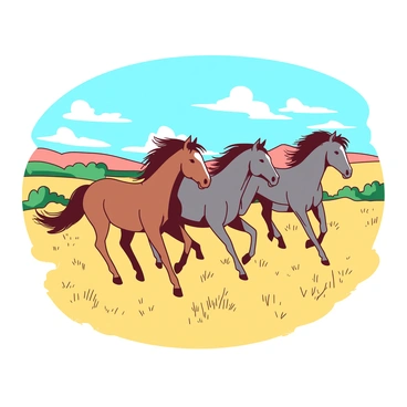 A duo of Tarpan horses is galloping across a vibrant landscape of a European steppe. The horses have a distinct coat color, blending shades of brown and gray, with their manes flowing in the wind. The steppe is expansive, covered in golden grass that sways gently under the movement of the horses. In the background, there are gentle rolling hills and patches of green vegetation, adding depth to the scene. The sky above is bright blue with a few wispy clouds, creating an open, airy atmosphere. One horse leads the charge, its muscles rippling with energy, while the others follow closely behind.