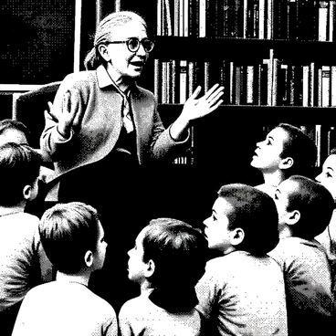 A vintage teacher with gray hair, wearing round glasses and a tweed jacket, is sitting on a wooden chair. She is leaning slightly forward, her hands animatedly gesturing as she shares stories. Around her, a group of children, with various hairstyles and clothing styles from the past, are seated on the floor, their eyes wide with fascination. Some children are leaning closer, while others are resting their chins on their hands, fully engaged in the storytelling. The setting has a nostalgic classroom feel, with bookshelves filled with old books and a chalkboard in the background.