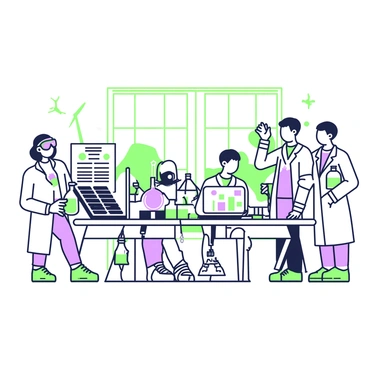 A group of scientists is working in a laboratory dedicated to developing renewable energy technologies. There are three scientists in the foreground, two men and one woman. The first man, wearing safety goggles, is examining a solar panel on a table, while the second man is using a computer to analyze data displayed on the screen. The woman, wearing a lab coat, is holding a beaker filled with green liquid and looking at an experiment in progress nearby. Multiple workstations are visible in the background, each featuring various equipment, instruments, and displays related to energy research. A large window allows natural light to stream into the lab, illuminating the scene.
