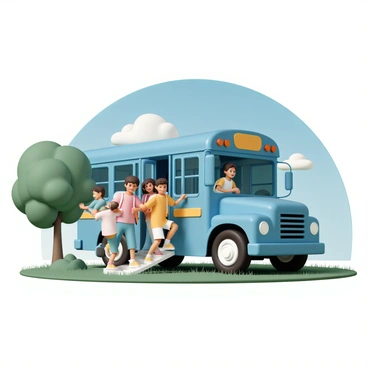 A group of children, wearing colorful shirts and backpacks, are joyfully boarding a blue school bus. The bus has large windows and bright yellow accents. The children are smiling and laughing as they step up the bus steps. The scene is set on a sunny morning, with clear blue skies and a few fluffy white clouds. The grass surrounding the bus is lush and green, and there are a few trees providing shade nearby.