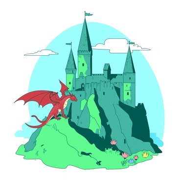 A teal fairytale castle stands majestically atop a green hill, with intricate details in its stone architecture. The castle features tall, pointed turrets, each adorned with colorful flags fluttering in the wind. Perched on one of the turrets, there is a red dragon with shimmering scales, its wings spread wide as it gazes over the landscape. The backdrop showcases a clear blue sky with a few fluffy white clouds drifting by, enhancing the magical atmosphere of the scene. The hill is lush with greenery, dotted with colorful wildflowers at its base.