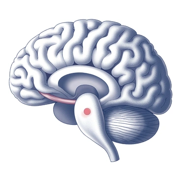A detailed medical diagram showing a brain aneurysm with labeled parts of the brain