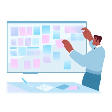 A professional is standing in front of a large bulletin board, carefully arranging colorful sticky notes. The sticky notes are in various pastel shades, neatly organized into sections for different tasks. The professional is wearing a smart-casual outfit and has a focused expression as they place the notes. A few pens and a notepad are on the desk nearby, indicating an organized workspace. The bulletin board is filled with an array of notes, some with writing and others blank, creating a visually striking layout.