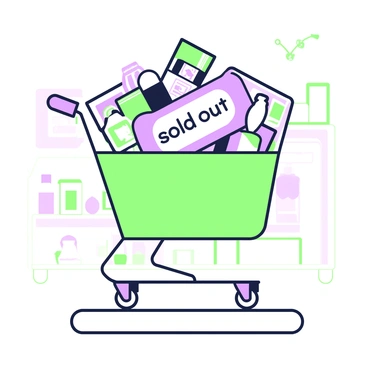 A shopping cart is positioned prominently in the center of the image, overflowing with various items. Inside the cart, there are boxes of snacks, a bottle of soda, and a couple of colorful toys. Among these items, a specific product, an electronic gadget, is prominently placed at the top. A large "Sold Out" sticker is affixed to the gadget, clearly visible and occupying a significant portion of the product. The cart is resting on a flat surface, and the background features a hint of a store environment with shelves lined with products.