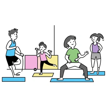 A group of four teens, two boys and two girls, actively engaging in a fitness challenge in a gym. One boy, wearing a blue tank top and black shorts, is jumping rope at a designated station. The second boy, dressed in a green t-shirt and white sweatpants, is performing push-ups on a mat. One girl, in a pink sports bra and black leggings, is using a set of dumbbells for bicep curls. The other girl, wearing a purple tank top and gray shorts, is stretching near a wall. Various exercise stations are set up in the background, with colorful mats and equipment clearly visible.