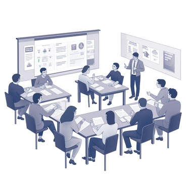 A spacious workshop room filled with men and women engaged in discussions. Tables are arranged in clusters, each with individuals reviewing financial documents and calculators. Some participants are taking notes while others are actively engaging in conversation. A large whiteboard displays key concepts about budgeting and investing, while posters on the walls promote messages of financial equality. A facilitator stands at the front, pointing to the whiteboard and encouraging interaction among attendees. The atmosphere is focused and collaborative, with a sense of shared learning and empowerment.