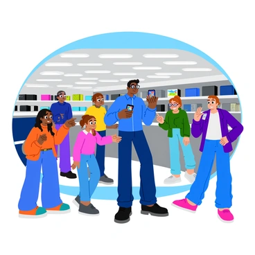 A salesperson standing in an electronics store, enthusiastically demonstrating the latest tech gadgets. The salesperson is wearing a blue shirt and glasses, holding a sleek smartphone with a vibrant screen displaying colorful icons. Nearby, intrigued shoppers of various ages are gathered around, some leaning forward with curiosity. One shopper is pointing at a smartwatch on display, while another is examining a pair of wireless earbuds. The background features shelves filled with tech products, illuminated by bright overhead lights.