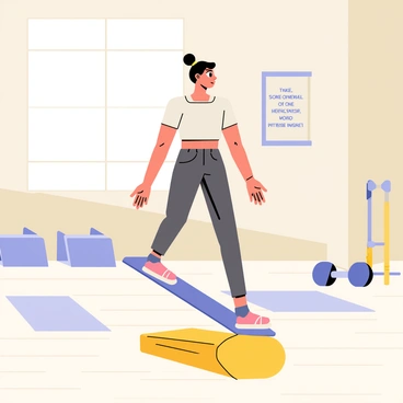 An individual balancing on a wooden balance board with both feet. The person is focused and maintains a straight posture, wearing a fitted athletic outfit. The indoor sports facility features smooth wooden floors and large windows allowing natural light to flood the space. There are exercise mats and fitness equipment positioned around the area, including dumbbells and resistance bands. A motivational poster can be seen on the wall in the background, displaying quotes about fitness and perseverance.