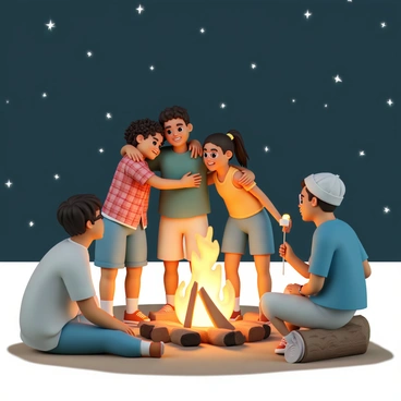 A group of five friends is gathered around a campfire, each wearing casual clothing. One friend, a girl with curly hair, is wearing a red flannel shirt and blue jeans, smiling as she embraces another friend. Next to her is a boy in a green hoodie and khaki shorts, also participating in the hug. Another girl, with straight black hair tied in a ponytail, is wearing a yellow tank top and denim shorts, leaning in with a joyful expression. The fourth friend, a boy with glasses and a blue t-shirt, is standing slightly behind the group, looking at them with a grin. Lastly, a person with a beanie and a gray sweatshirt is sitting on a log, holding a marshmallow on a stick. The campfire is crackling with bright orange flames, casting warm light on their faces. Above them, the night sky is filled with stars twinkling brightly against the dark backdrop.