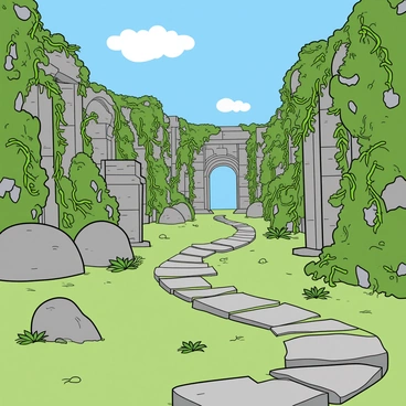 A mysterious illustration of ancient ruins covered in vines and moss