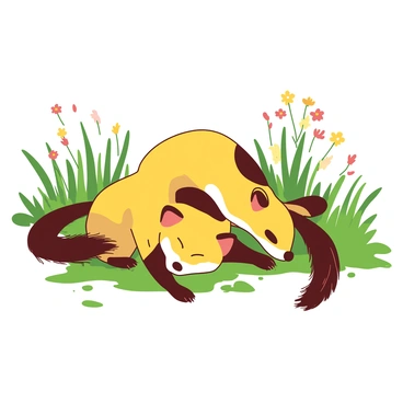 Two yellow pine martens are playfully wrestling in an open meadow. One pine marten has a glossy coat with vibrant markings, while the other has a slightly darker shade. They are tumbling over each other amidst a backdrop of tall green grass, with patches of colorful wildflowers scattered around. The sun casts soft shadows, highlighting their agile movements as they interact energetically.