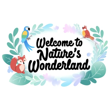 A vibrant landing page displays a variety of illustrated elements. In the background, lush green plants with detailed leaves create a natural ambiance. Various animals, such as a colorful parrot perched atop a branch and a playful fox sitting among the foliage, add a whimsical touch. Additionally, butterfly shapes flutter around, enhancing the lively scene. A large, welcoming title reads "Welcome to Nature's Wonderland" in a bold, friendly font at the center. The overall composition is bright and engaging, designed to draw the viewer's attention.