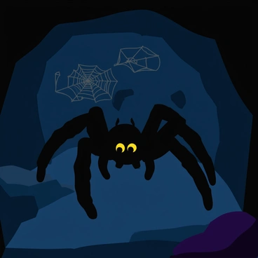 A large spider with a glossy black body and long, hairy legs is stalking through a dark tunnel. The spider's eyes glint with sharp focus as it moves silently over the damp, uneven ground. The tunnel walls are rough and jagged, with patches of moisture glistening in the dim light. Shadows loom around, adding a sense of mystery to the scene. In the background, cobwebs are intricately woven between the rocks, glimmering slightly in the faint illumination. The atmosphere feels tense as the spider approaches its unseen prey.