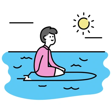 A surfer, wearing a bright red wetsuit, is sitting on a blue surfboard in the clear blue ocean. The sun is shining brightly, casting reflections on the water's surface. Gentle waves ripple around the board. The surfer is looking towards the horizon, focused and patient, waiting for the perfect wave to ride. Thin white clouds float in the sky, and distant waves can be seen curling in the background.