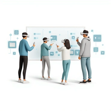 A modern 3D virtual reality setup featuring multiple users wearing sleek VR headsets. They are standing in a spacious, well-lit room designed for collaboration, with large virtual screens displaying various "Figma designs" around them. Each user is using hand controllers to interact with the designs, manipulating elements and navigating through the interface. One user, a woman wearing a blue shirt and black leggings, is pointing at a design while another user, a man in a grey hoodie and jeans, is adjusting a graphic. The environment includes glowing lines and icons representing digital interfaces, enhancing the immersive experience.