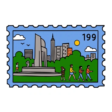 A commemorative postage stamp featuring a beautiful cityscape during the day. The scene includes a skyline of various buildings, some of which are adorned with greenery. In the foreground, there is a serene park with a large, elegant monument dedicated to peace. People of diverse backgrounds are walking leisurely, enjoying the scenery. The sky is bright blue with a few fluffy clouds, and birds can be seen flying above. The stamp has a decorative border around the edges, adding a finish that enhances its commemorative nature.