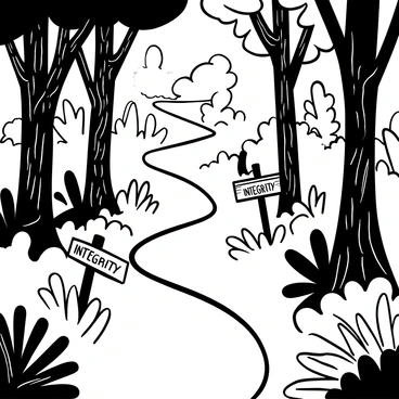 A winding path meanders through a dense forest, flanked by tall trees with intricate bark patterns. Along the path, wooden signs are placed at intervals, each marked with the word "Integrity" in bold lettering. Lush foliage surrounds the trail, with various shapes of leaves and plant silhouettes creating a rich texture. Sunlight filters through the branches, casting delicate shadows on the ground, enhancing the sense of depth in the scene.