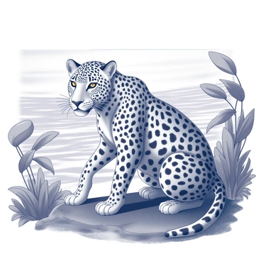 A majestic jaguar is positioned on a riverbank, its fur detailed with distinct patterns and texture. The jaguar is crouching low, blending into the surroundings. Its eyes are wide and focused, intently watching the flowing Amazon River, which is visible in the background. The river's surface is rippling gently, reflecting the surrounding flora. Lush greenery frames the scene, with various plants and leaves creating a rich environment around the jaguar.