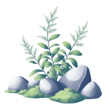 A cluster of mountain laurel plants is growing in a natural setting. The plants are characterized by their glossy green leaves and clusters of small, white flowers. Surrounding the laurel, there are several rocks that are covered in a thick layer of green moss, creating a textured, earthy landscape. The rocks vary in size, with some large and others small, adding depth to the scene. The overall composition captures the harmony of the plants and the mossy rocks in a vibrant natural environment.