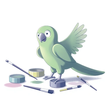 A kakapo, a large parrot with a round face and green feathers, is playfully interacting with various art supplies. The bird is perched amidst an array of colorful paint pots and scattered paintbrushes. Some paintbrushes are tipped over, rolling on the surface, while a few paint pots are slightly knocked over, with paint pooling around them. The kakapo has its wings slightly spread, giving a sense of movement and mischief. The scene captures the lively and curious nature of the kakapo as it engages with its artistic surroundings.