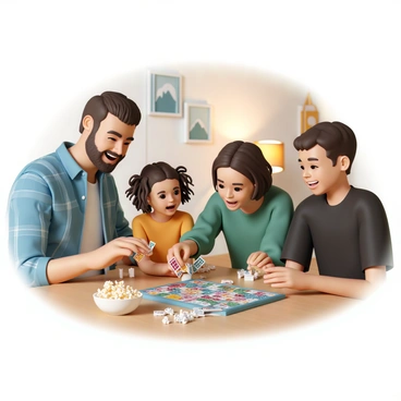 A family of four is gathered around a wooden table, engaged in a lively game night. The father, wearing a blue plaid shirt, is laughing heartily, while the mother, in a green sweater, is playfully rolling dice. Their young daughter, with curly brown hair, is leaning forward with an excited expression, and their teenage son, in a black t-shirt, is smiling while holding game cards. The room is cozy, with warm lighting from a nearby lamp and family photos hanging on the walls. A bowl of popcorn is on the table, and a colorful board game is spread out in front of them.