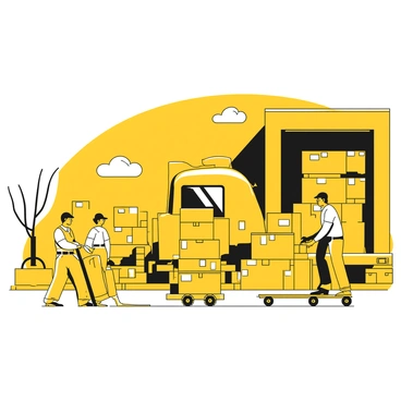 A group of workers in uniforms is carefully loading large, heavy boxes onto trucks at a loading dock. The workers are using a hand truck to move a box and another worker is standing on the truck, preparing to lift a box from the dock. The loading dock is busy, with additional boxes stacked neatly in the background. There are pallets and forklifts nearby, indicating an active factory environment. A clear sky is visible above the loading area, adding to the notion of a workday.