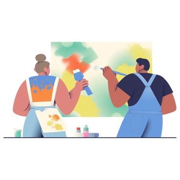 Two artists are working side by side on a large canvas. The first artist, a woman with light brown hair tied in a bun, is applying vibrant blue and orange paint with a wide brush. She is wearing a white apron splattered with colors. The second artist, a man with short black hair, is using a palette knife to add textured strokes of green and yellow. He is dressed in a black shirt and denim overalls. In the background, there are tubes of paint and brushes scattered on the table beside them. The canvas is filled with a mix of their contributions, creating a dynamic and colorful composition.