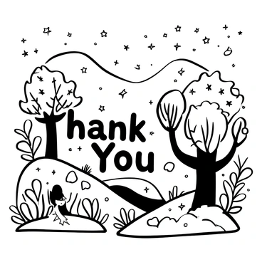 A thank you card designed to look like a fairytale storybook. The card features a magical forest filled with whimsical trees and oversized mushrooms. "Thank You" is prominently displayed in an enchanted font, surrounded by delicate vines and sparkling stars. A small, mystical creature can be seen peeking from behind a tree, adding a sense of charm to the scene. In the background, soft, curved hills gently rise beneath a canopy of leaves.