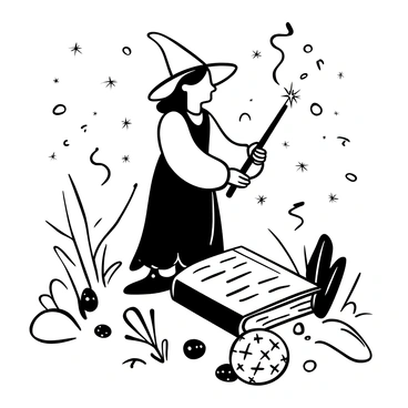 A young witch stands in a forest clearing, holding a wand with both hands. She is wearing a pointed hat and a flowing robe. Surrounding her are numerous floating sparkles that shimmer in the air, creating a magical atmosphere. A large spellbook lies open on the ground in front of her, with intricate symbols visible on its pages. Wisps of smoke rise from the wand as she concentrates, and a few small magical orbs hover nearby, reflecting the sparkles around her.