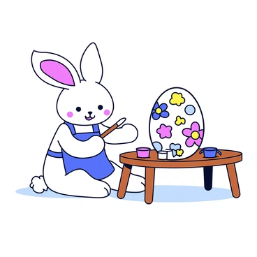 An Easter bunny with soft white fur is sitting at a small wooden table. The bunny is holding a paintbrush in its paw, and colorful designs are being painted on a large white egg. The egg is decorated with bright patterns including swirls, flowers, and dots in blue, pink, and yellow. Several paint pots in various colors are scattered around the table. The bunny has large expressive ears and wears a little blue apron.
