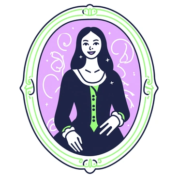 A vintage portrait of a witch is displayed prominently in a large, ornate frame. The witch has long, flowing hair, and she wears a dark, elegant gown with intricate details. Her expression features a "mysterious, knowing smile" that invites curiosity. The background of the portrait is filled with subtle patterns of swirling shapes, enhancing the overall mysterious aura. The frame surrounding the portrait is richly decorated with carvings and flourishes, drawing attention to the witch's figure. A faint shimmer appears around her, adding to the enchanting feel of the image.