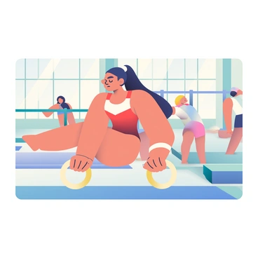 A gymnast with a toned physique and a determined expression is performing on the rings in a well-lit gym. She has long, dark hair tied back in a ponytail, and she is wearing a fitted red leotard with white accents. Her muscles are tense as she holds her body in a horizontal position, arms extended while gripping the rings. The background features gym equipment, including a mat and parallel bars, with a few other gymnasts practicing in the distance. The gym has large windows that let in natural light, casting soft shadows on the floor.