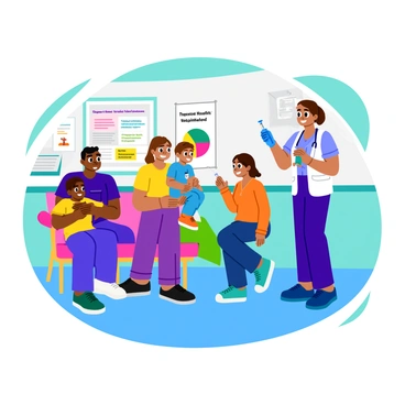 A clinic interior with a bright and welcoming atmosphere. A family of four, including two children and their parents, is present. The father is holding the younger child, while the mother is reassuring the older child. Each family member is wearing casual clothing. A nurse is preparing a syringe in the background, wearing scrubs and a friendly smile. There are posters on the walls encouraging vaccinations, and a colorful chart about pneumonia prevention is visible. The scene conveys a sense of care and health awareness.