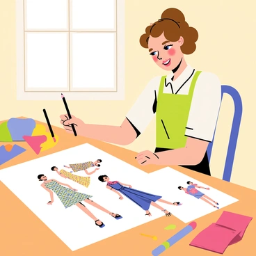 An artist with curly brown hair is seated at a wooden table, sketching pin-up fashion designs on a large white pad. The artist is using a black pencil and is focused on creating detailed illustrations of stylish dresses and accessories. Around the table, there are colorful markers and fabric swatches, showcasing different patterns and textures. A bright window illuminates the workspace, casting soft shadows on the sketches, which feature bold lines and playful poses of models.
