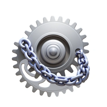 A detailed motorcycle chain with interlocking links gleaming in metallic silver. The chain is tightly wrapped around a large, rugged sprocket with sharp, pronounced teeth. The sprocket surface is textured and exhibits a slight sheen, indicating its robust construction. The assembly is positioned on a reflective surface, showcasing its intricate design and mechanical precision. A set of installation tools is subtly placed in the background, hinting at the purpose of the components.