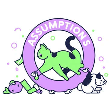 A cat with distinct patterns is energetically chasing its tail while caught inside a large wheel. The wheel has the word "Assumptions" prominently displayed on its surface. The cat is mid-action, with its body turned and one paw reaching towards its tail. The surrounding area shows hints of playfulness, with scattered toys and a few curious expressions from nearby animals watching the scene unfold.