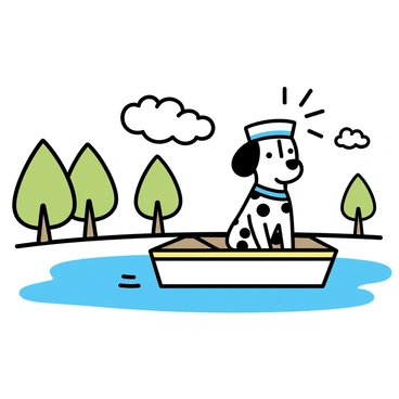 A dalmatian with black spots is sitting on a small wooden boat. The dog is wearing a white sailor's cap, which has a blue ribbon. The boat is gently floating on a calm lake, surrounded by green trees that reflect in the water. The sky above is clear with a few fluffy clouds. The scene captures the tranquility of the setting, highlighting the playful nature of the dog.
