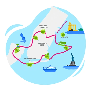 An illustrated map featuring ferry routes to and from "Manhattan" with bright colors and clear markings. The map highlights various ferry terminals with simple icons representing each location. Arrows indicate the ferry routes, connecting "Manhattan" with surrounding areas, including "Brooklyn," "Staten Island," and "New Jersey." Each route is labeled with a unique color for easy identification. The background includes whimsical representations of landmarks such as the "Statue of Liberty" and the "Brooklyn Bridge," enhancing the visual appeal of the map. The overall layout is organized and easy to read.