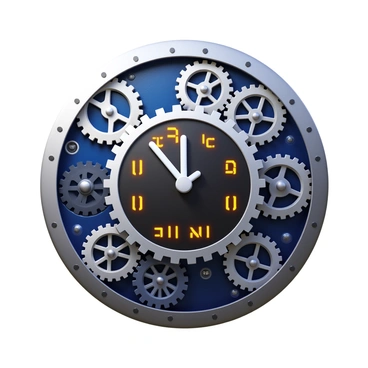 A clock featuring intricate gears and visible circuitry. The clock face displays time in binary numbers, with illuminated segments showing the current time in a digital format. The gears are arranged in a complex pattern, each with a metallic finish, interacting smoothly. The circuitry is detailed and includes various electronic components, creating a tech-inspired aesthetic. The overall design is a blend of mechanical and digital elements.