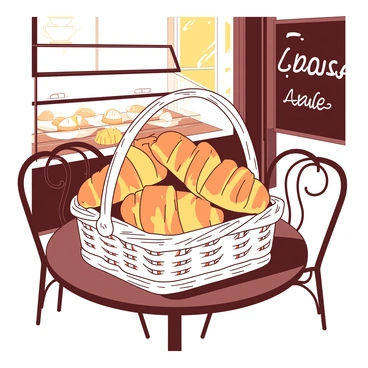 A white wicker basket is filled with freshly baked, golden-brown croissants. The croissants are warm and flaky, with a shiny, crisp exterior. The basket is placed on a small round table made of dark wood. Surrounding the table, there are elegant café chairs with intricate metalwork. In the background, there are soft-focus elements of a French café, including a glass display case with pastries and a chalkboard menu featuring "Croissants" written in elegant lettering. Sunlight streams in through a window, casting a warm glow over the scene.