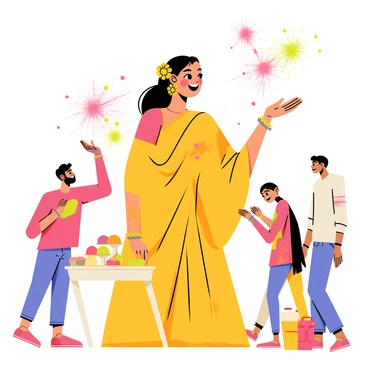 An Indian woman wearing a vibrant yellow saree is joyfully throwing colored powders into the air. The background is filled with splashes of pink, green, and blue powders, creating a festive atmosphere. The woman has long, dark hair tied in a loose braid adorned with marigold flowers. Her face is covered in a playful mix of colors, and she has a beaming smile, embodying the spirit of celebration. Surrounding her are friends and family, also celebrating, with colorful powders and traditional sweets spread out on a table nearby.
