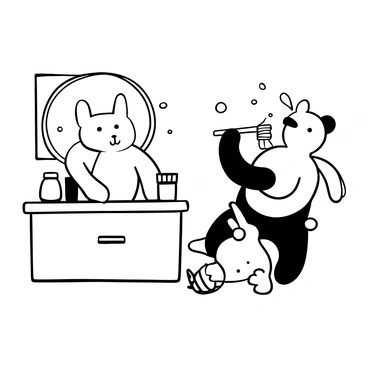 A bear and a rabbit standing next to each other, both holding toothbrushes. The bear is using a large toothbrush while the rabbit has a small, colorful one. A tube of toothpaste is positioned on a nearby counter, with some paste squeezed onto both brushes. Bubbles are floating around them, indicating they are brushing their teeth. The scene is set in a cozy bathroom with a mirror reflecting the animals.