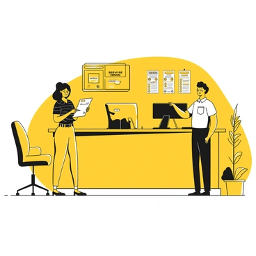 A customer standing at a reception desk, engaged in conversation with a staff member. The customer is wearing a casual outfit, holding a document related to their car service. The staff member is behind the desk, wearing a uniform, and pointing towards a brochure displaying car service options. The reception area includes a computer, a telephone, and a wall with various service certificates. There are chairs arranged for waiting customers in the background. A poster advertising a special service offer is visible on the wall.