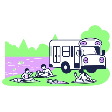 A white school bus is parked on a grassy area near a lake. The bus features large windows and a prominent front, showing its distinct design. Nearby, a group of students are sitting on checkered blankets, enjoying a picnic. Some students are holding sandwiches, while others are sharing snacks from colorful containers. In the background, the lake has gentle ripples reflecting the surroundings, with trees lining the shore and a few ducks swimming in the water.