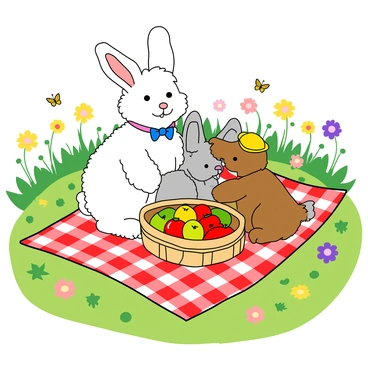 A family of rabbits enjoying a picnic in a flower-filled meadow